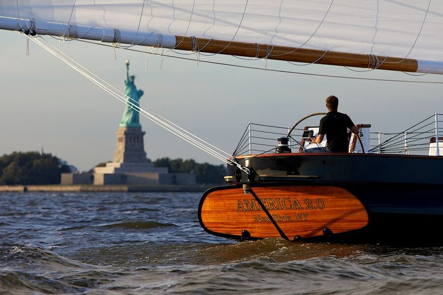 NYC: Statue of Liberty Cruise aboard a Classic Sailboat - Heading south past One World Trade Center